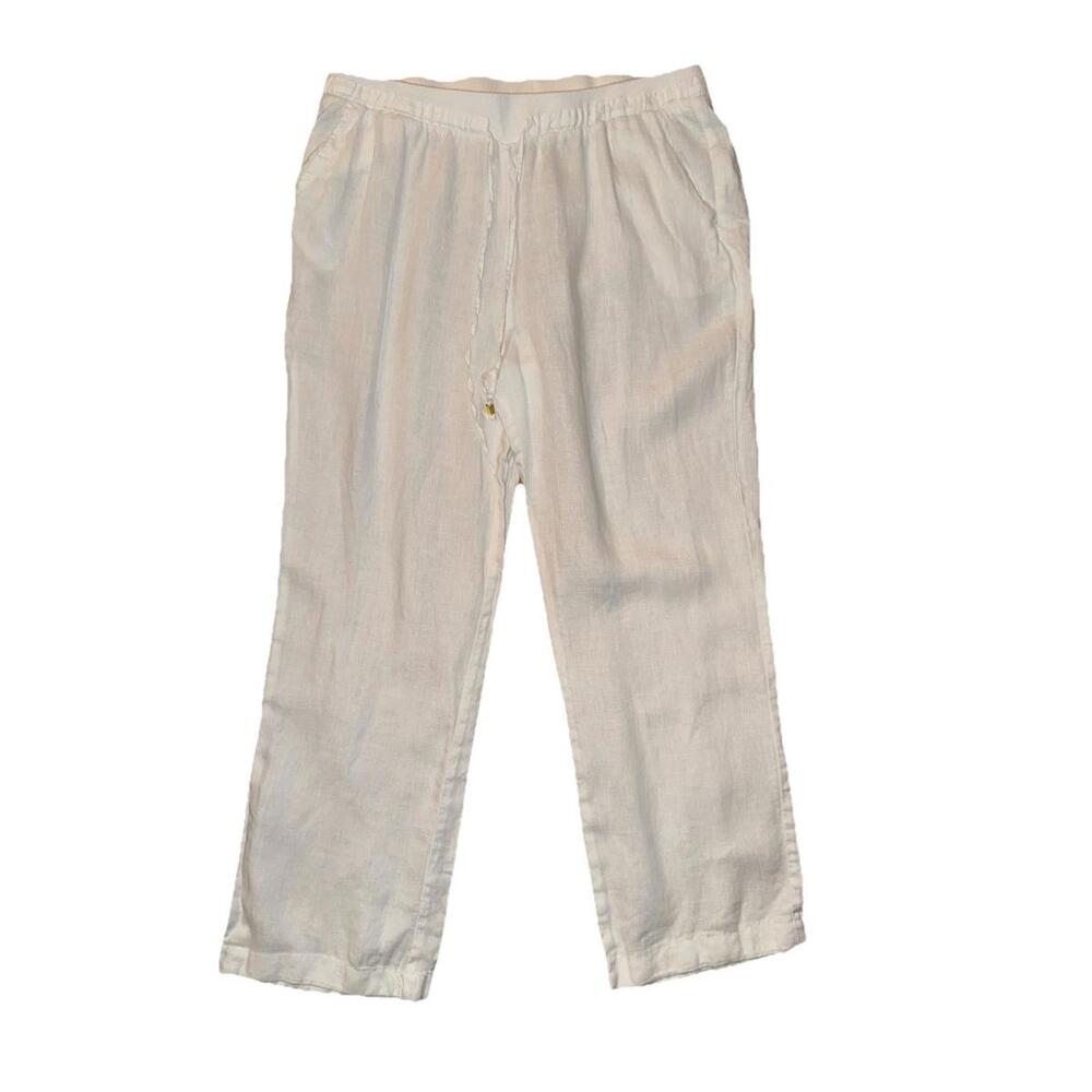 ELLEN TRACY White 100% Linen Drawstring Pants Elastic Waist/tie Sz L Wide Leg
